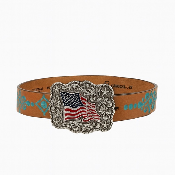 Justin Boots Accessories - Justin western leather belt turquoise embossed floral with flag buckle size 24